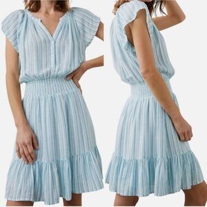 Rails Augustine Blue White Stripe Linen Viscose V-neck Ruffle Hem Mini Dress L
